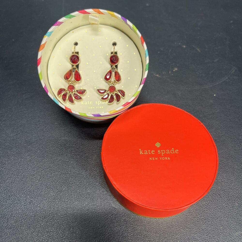 Kate Spade Floral Shimmer Drop Earrings With Orginal Box Red And Gold Tones
